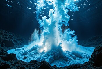 An underwater volcanic eruption or hydrothermal vent expelling glowing blue and white plumes