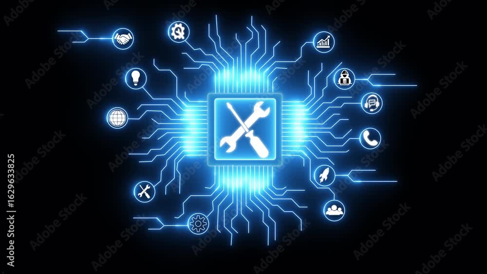 Poster ai concept on circuit board, futuristic circuit board design in neon board captured from a side angl
