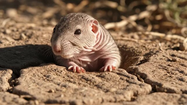 Naked Mole Rat Emerging from Burrow in Arid Landscape