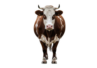 Brown and white cow facing forward with a calm expression, isolated on transparent background