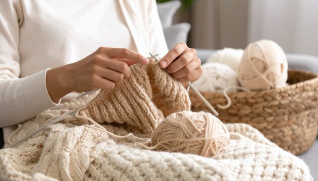 A person's hands knitting a cozy ribbed garment with beige yarn, with a basket of wool nearby.