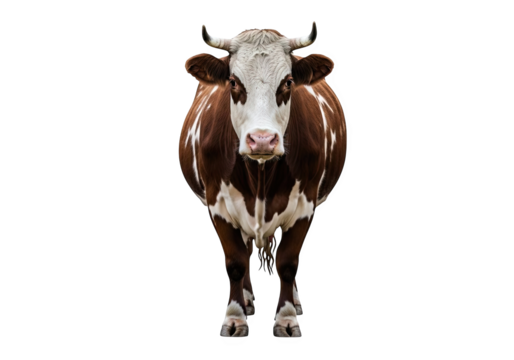 Brown and white cow facing forward with a calm expression, isolated on transparent background