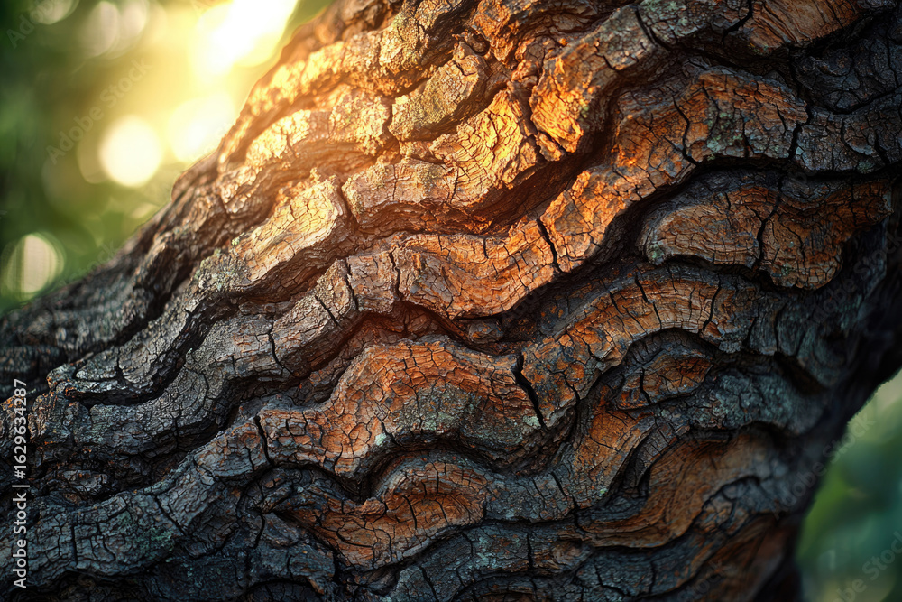 Poster close-up of textured tree bark illuminated by warm sunlight, showcasing intricate patterns and deep 