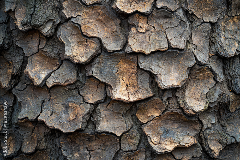 Poster close-up view of textured tree bark, showing deep cracks and variations in brown and gray tones.
