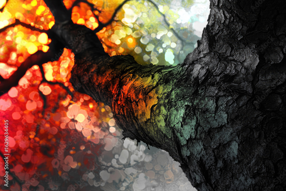 Poster close-up view of a tree trunk with colorful bokeh background, showcasing autumnal colors and texture