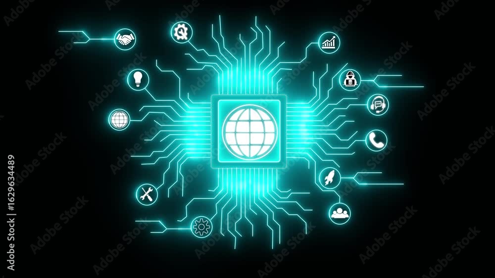 Poster ai concept on circuit board, futuristic circuit board design in neon board captured from a side angl