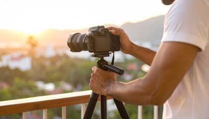 A photographer sets up his professional camera on a tripod, overlooking a scenic landscape during a golden sunset.
