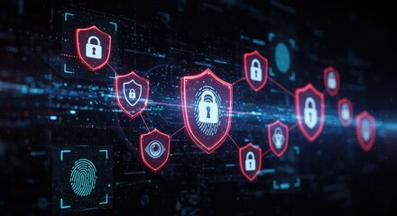 Digital network security shields with glowing locks and data streams.