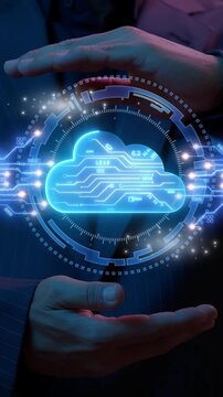 Cloud technology concept for data management system, online database storage, networking and internet service. Information system for business. Businessman shows cloud computing icon on virtual screen