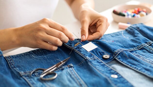 A person's hands carefully sew a button onto a blue denim jacket with a needle and thread, with small scissors resting on the pocket. - Powered by Adobe