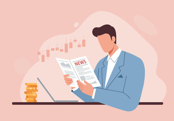 Man in Suit Reading Newspaper with Financial Data and Laptop