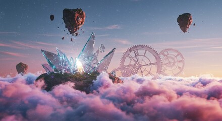 Dreamy surreal landscape with crystal formations, floating islands, and clockwork gears in the clouds
