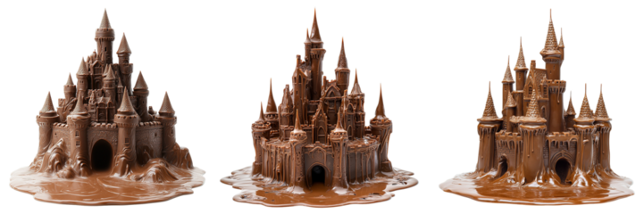 Whimsical Melting Chocolate Castles with Detailed Towers and Dripping Walls Isolated on Transparent Background