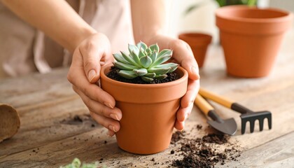 A person's hands carefully holding a small terracotta pot with a green succulent plant on a wooden table with gardening tools.