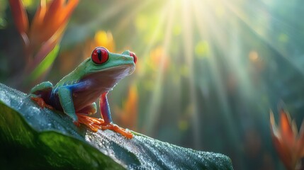 Vibrant red eyed tree frog bathed in golden sunlight in lush rainforest