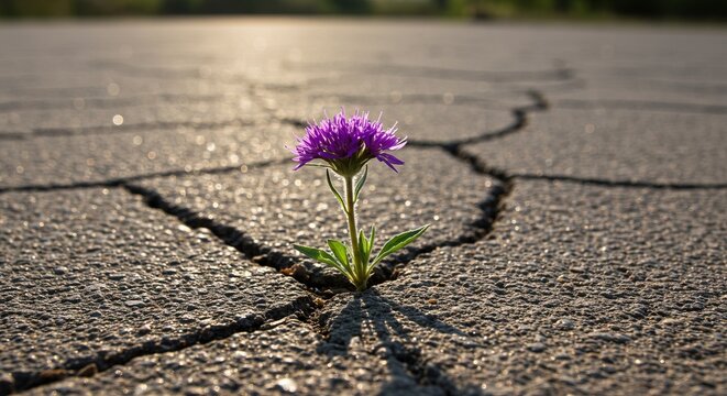 Resilient purple flower blooming through cracked concrete showing strength and determination in challenging times