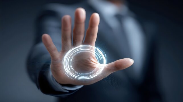 A male professional in a suit uses hand gestures to interact with a virtual interface symbolizing technology and innovation. - Powered by Adobe
