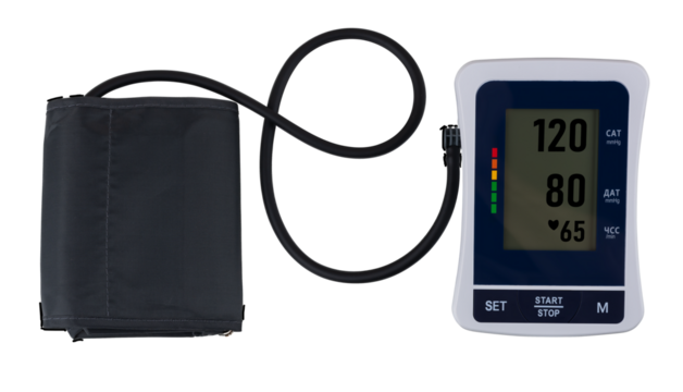 modern tonometer on blue background, pressure 120 to 80 on monitor.