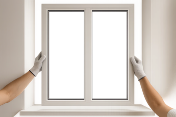 Hands installing white plastic window frame indoors, transparent background, window installation