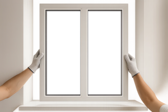 Hands installing white plastic window frame indoors, transparent background, window installation