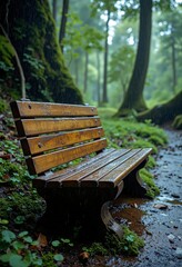 Fototapeta premium A rain-drenched wooden seat set against a mossy backdrop