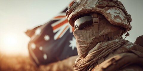 A soldier in camouflage gear stands in front of an Australian flag. The intense expression and attire suggest readiness and resilience.