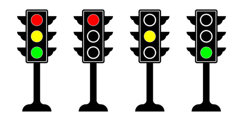 Traffic Light Icons with Red Yellow Green Signals in Flat Vector Style for Road and Safety Design