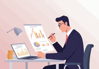 Businessman Analyzing Financial Data with Laptop and Charts at Desk