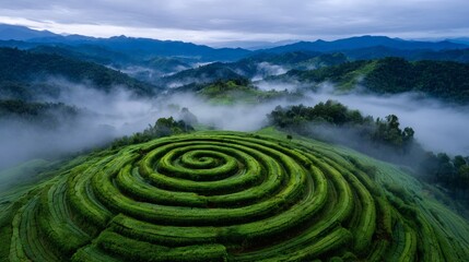 Aerial view of a spiral shaped tea plantation in a misty mountain landscape