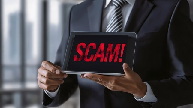 A businessman in a suit holding a tablet displaying the word 'SCAM!' in bold red letters, conveying mistrust and warning.