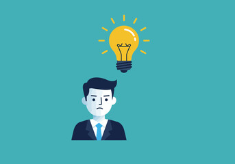 Cartoon Businessman with Lightbulb Idea Above Head on Blue Background