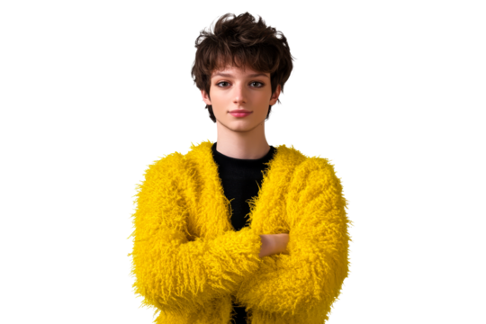 Stylish person wearing a yellow fuzzy cardigan with crossed arms