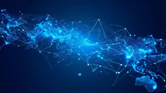 A bright blue network graphic spans across a dark blue background, resembling a world map with interconnected points of light.