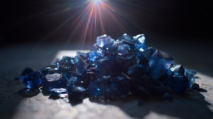 A pile of irregularly shaped blue crystals sits on a flat surface, with light rays creating reflections and highlights. The background is unfocused, emphasizing the crystals.