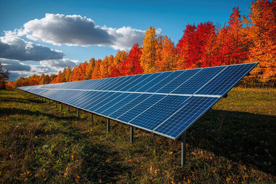 Solar panels in a field, surrounded by vibrant autumn trees, harnessing clean energy.