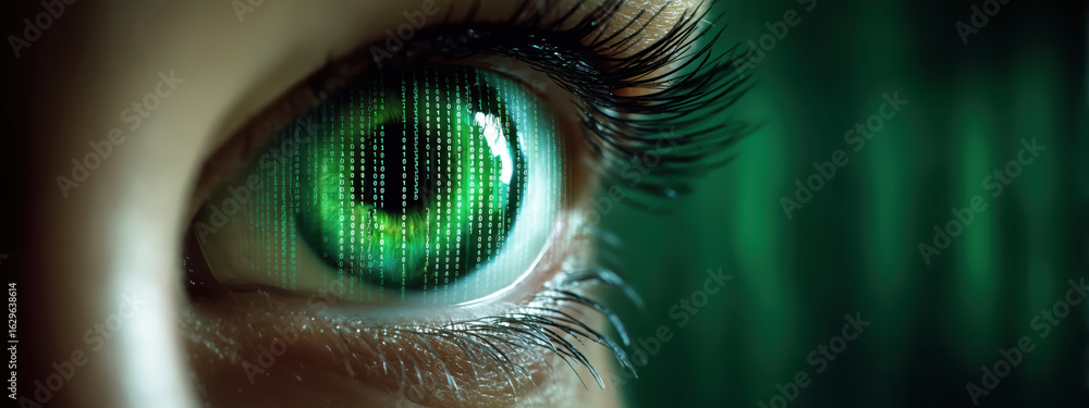 Aufkleber close-up of an eye with green iris and digital code reflection in futuristic concept art