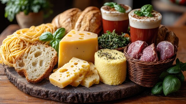 A rustic wood board displays an array of Italian gastronomic delights featuring pasta and cheese