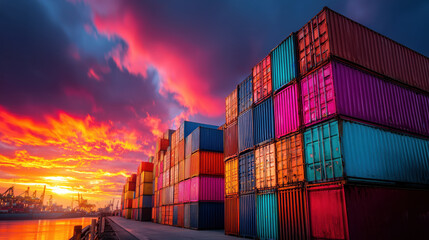 Fototapeta premium Colorful Shipping Containers at Sunset by the Port with Dramatic Cloud Effects and Reflection