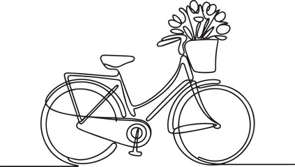 Continuous one line drawing of a vintage bicycle with a front basket full of blooming flowers, blending retro charm and natural elegance

