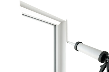 Caulking white window frame with sealant gun, transparent background, window installation