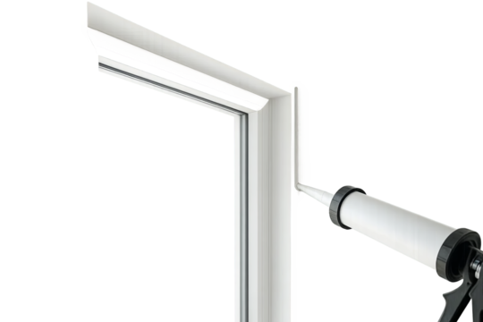 Caulking white window frame with sealant gun, transparent background, window installation