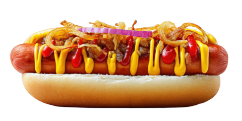 A tempting hotdog isolated on transparent background, featuring a grilled sausage in a soft bun, generously drizzled with mustard and ketchup, and topped with fried onion and sliced red onion