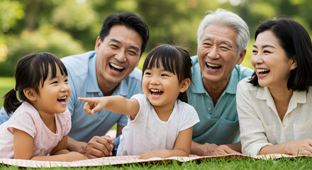 Happy asian family laughing together on grass enjoying outdoor time in the park with children and grandparents