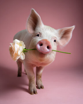 Pig with a flower in its mouth studio lighting