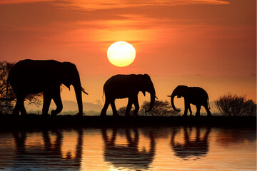 Fototapeta premium Silhouette of Elephants walking by the lake at sunset.