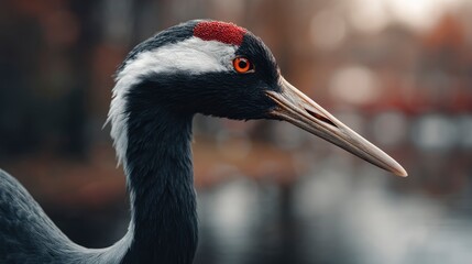 Fototapeta premium Close-up of a crane with detailed plumage and focused eye, neutral soft bokeh, soft ambient light, depth of field