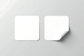 Blank square sticker mockup template, white adhesive label with corner peel, realistic paper tag design