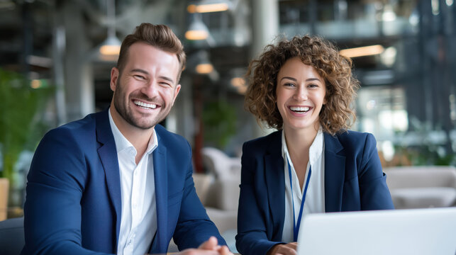 Professional Smiling Business Team in Modern Office Environment with Laptop and Natural Light