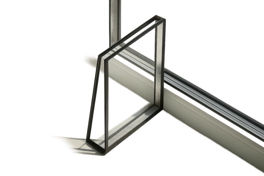 Black spacer bar for insulating glass unit in window frame, transparent background, window installation