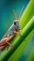 Fototapeta premium Close-up of a grasshopper on a bright green stem, saturated colors, cinematic macro perspective